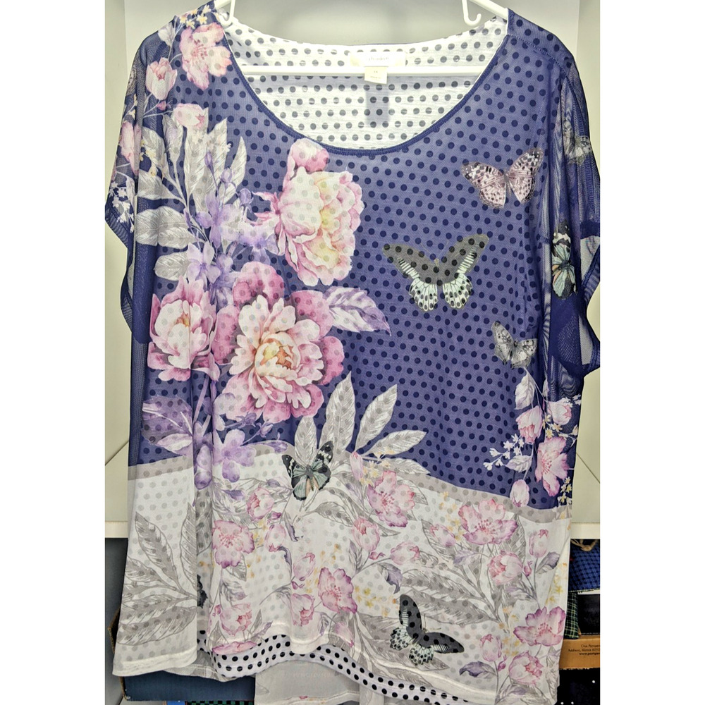CJ Banks 1x Womens Top Layered Polka Dot Tank w/ Purple Navy Butterfly Overlay